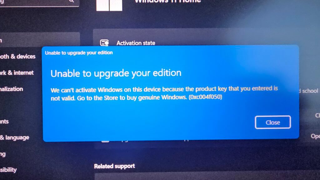 Unable to upgrade your edition 0xC004F050 Screenshot